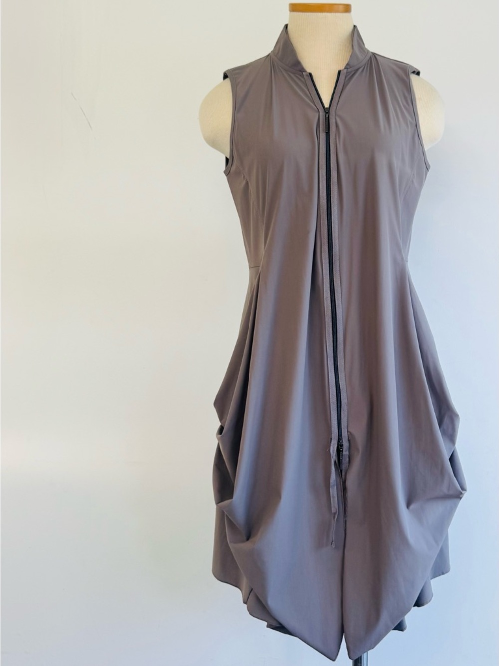 Sleeveless Asymmetrical Zip-Front Dress in Taupe